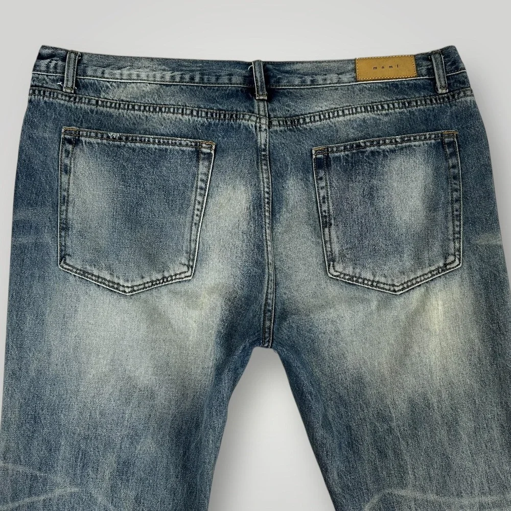 Mnml Jeans Mens 42 (43x34) Blue Medium Wash Tapered‎ Leg Button Fly Faded Denim